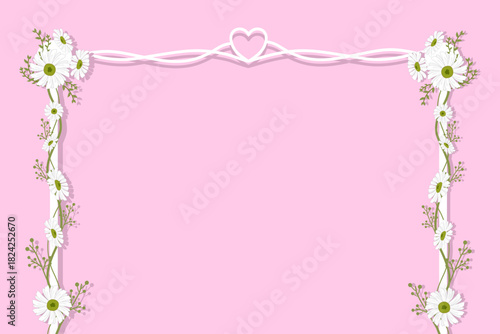 Elegant Daisy Flower Arch Border Frame with Heart on Pastel Pink background