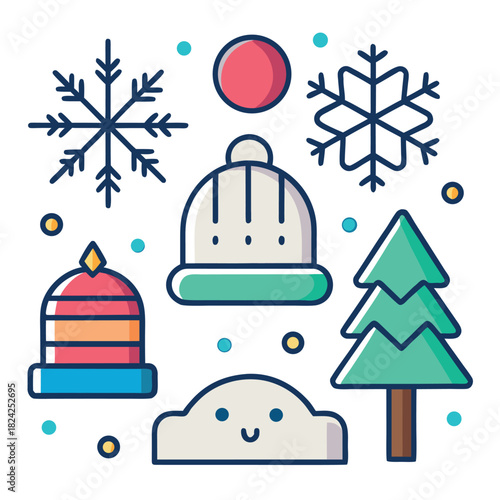 Cute winter icons in flat outline style, including, snowflakes, ornaments, and a Santa hat, with soft colors and clean line art