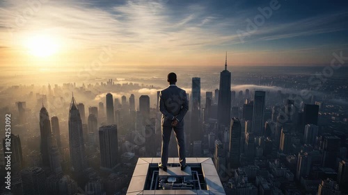 Successful businessman standing atop a skyscraper surveying the vast foggy city skyline during a brilliant orange and blue sunrise a metaphor for leadership and future planning