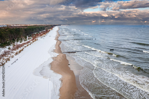 Baltic Sea in winter Hel peninsula. Snowy beach, Baltic sea.