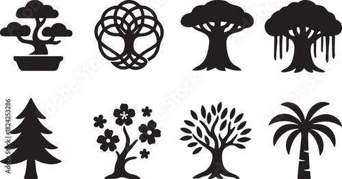 Cultural Themed Tree Silhouette Icon Set – Bonsai, Celtic Knot, Baobab, Banyan, Pine, Sakura, Olive – Minimal Line Icons.
