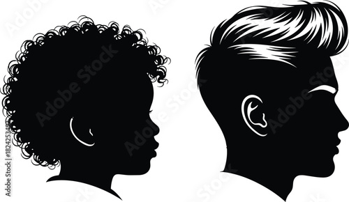 Black silhouette vector portraits of a small child with curly hair and a stylish young man with a modern haircut, depicting contrast, youth, generations, and diverse hairstyles illustration