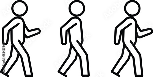 Three simple black outline stick figure icons walking, symbolizing movement and progress forward