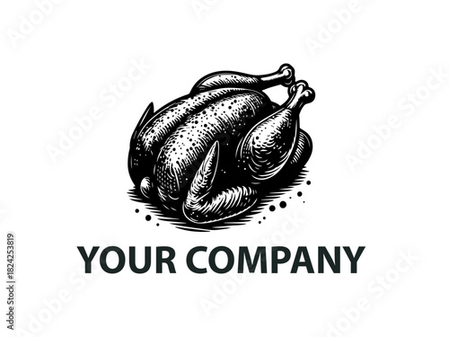 Chicken silhouette displayed as a simple black vector emblem design. Farm animal concept