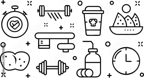 Outline icons of fitness, health, gym equipment, stopwatch, supplements, and food elements.