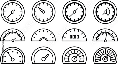 Outline gauge icons set, illustrating various meters for speed, pressure, and data visualization.