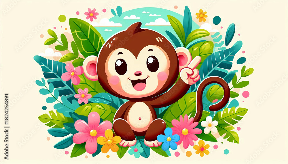 Fototapeta premium Cute monkey pointing upward with a playful smile, pastel jungle-style colors.