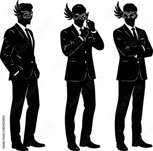 Three Handsome Men with Feathered Mardi Gras Masks Silhouette