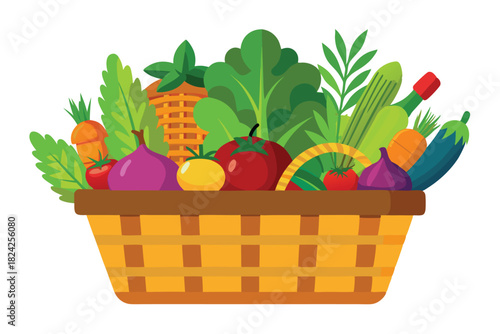 Woven basket brimming with fresh vegetables and vibrant leafy greens create a colorful harvest