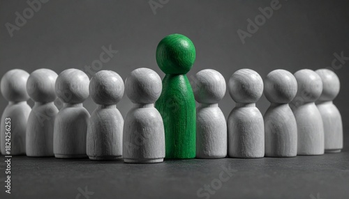 One green leader among gray people with Crowd of people. Concept of Business competition and Leadership concept for leader team. Personnel recruitment, good employee leaders.