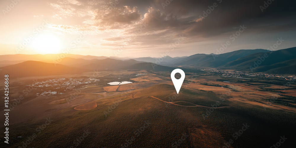 Fototapeta premium Scenic aerial landscape with large white location pin icon at sunset. Travel concept.