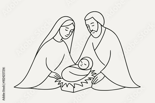 Minimalist line illustration of the nativity scene with Mary, Joseph, and baby Jesus in a manger.