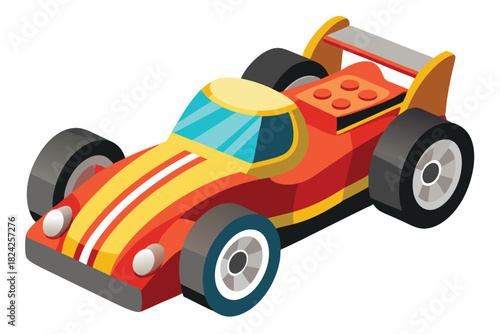 Isometric red car showcases bold yellow stripes and striking sporty design elements