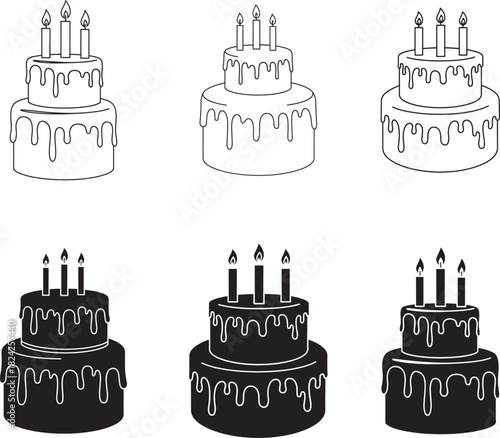 Hand drawn cake illustration set in line art and silhouette style