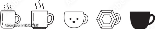 Variety of stylized coffee and tea cup icons, showcasing diverse shapes from steaming mugs to modern geometric and cute designs, ideal for beverage concepts Vector