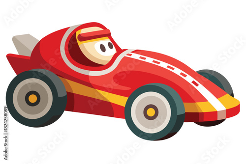 Smiling character races onward within a vibrant red toy car, a playful vector