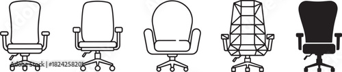 Collection of diverse modern office chairs, including line art, silhouette, and geometric designs, for business, home, and professional workspace furniture concepts. Vector