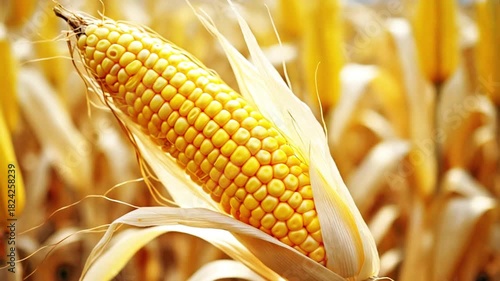 Close up of a ripe ear of corn in a field of corn plants