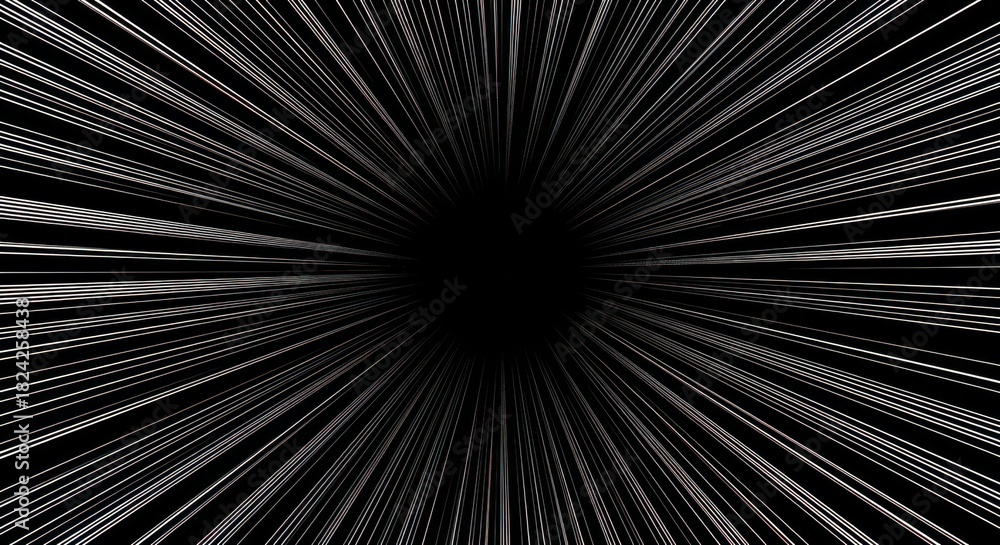 Obraz premium High-speed action, black and white anime lines, Radial speed lines on black. Light speed velocity lines. Flash action, manga style comic background