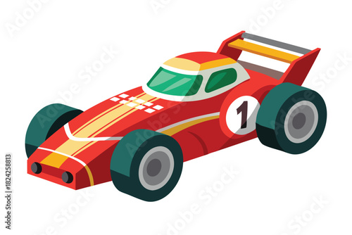 Isometric race car shows number one and distinct stripes on a white background