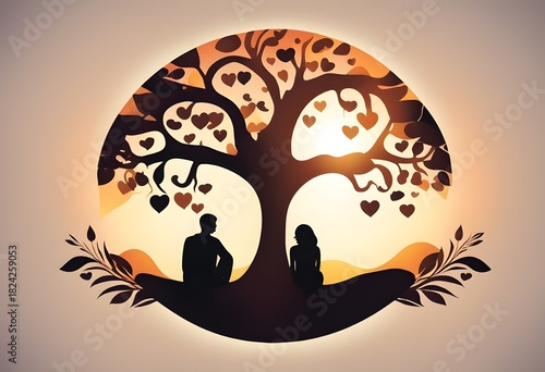 Symbolic Love Tree Silhouette with Couple and Heart Leaves Romantic Art