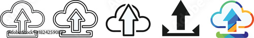 Cloud upload icon set with various design styles: thin, bold, rounded, geometric, and vibrant colorful options for data transfer concepts. Vector