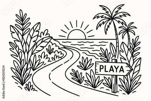 Black and white line illustration of a tropical road leading to the beach with sun, plants, and a sign.