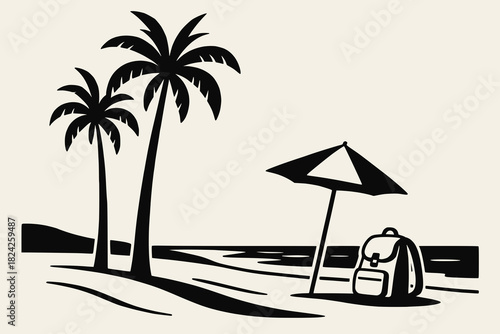 Minimalist black and white line illustration of palm trees, beach umbrella, backpack, and shoreline.