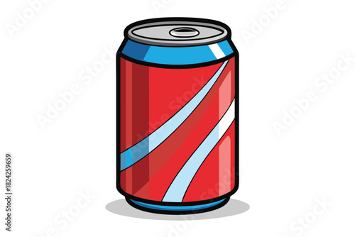 Upright red can shows stripes, is trimmed in blue and outlined in black