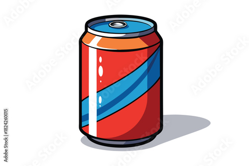 Standing red soda can features blue diagonal stripe and casting soft shadow below