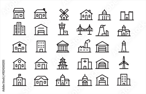 A collection of simple black and white line art icons representing various types of buildings and structures