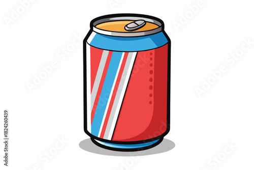 Soda aluminum beverage container features red, white, and blue stripes, with gold lid