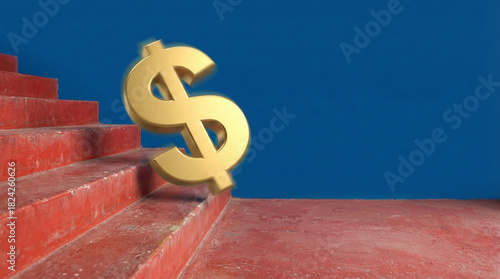 A golden dollar sign is shown bouncing down worn, red stairs against a solid blue background, conveying financial decline.