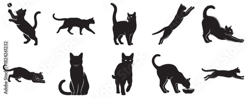 Collection of black cat silhouettes in various poses and activities