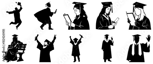 Silhouette illustrations showing graduation poses and celebrations day