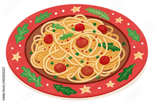 Showcasing Christmas Spaghetti Festive Meal Plate Crisp Premium Digital Asset