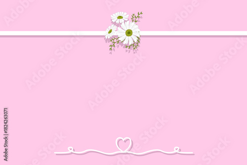 Sweet Pastel Pink Background with Daisies and Heart Line, minimal valentine greeting card or wedding invitation card