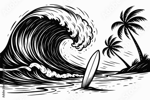 Black and white line illustration of a powerful ocean wave, surfboard, and palm trees in a tropical scene.