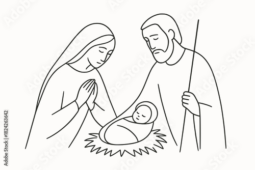 Minimalist line illustration of the nativity scene with Mary, Joseph, and baby Jesus in a manger.