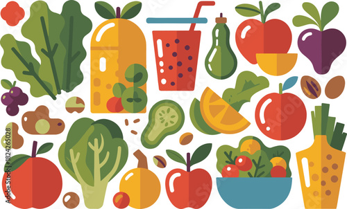 Flat Design Collection of Fruits and Vegetables for Healthy Eating and Nutrition
