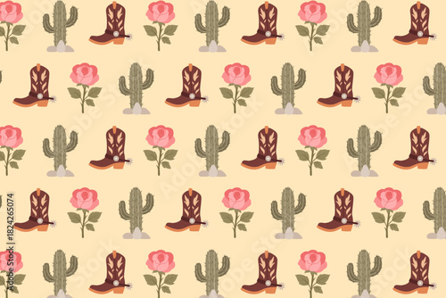 Western cowboy boot seamless pattern, with roses and cactuses, swatch available in swatches panel