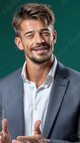 Man gesturing with hands portrait formal attire green background