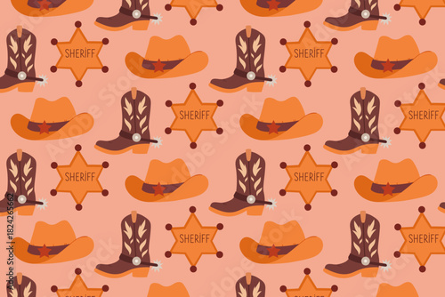Western cowboy seamless pattern, with hats, boots and sheriff stars, swatch available in swatches panel