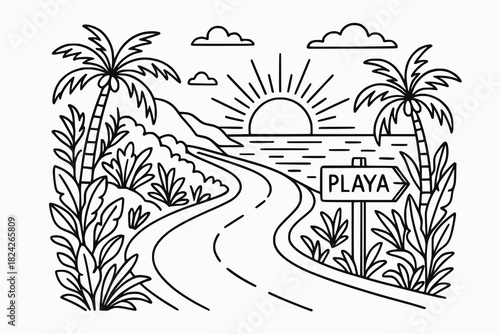 Black and white line illustration of a tropical road leading to the beach with sun, plants, and a sign.