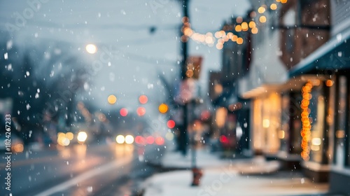 Winter street view with falling white snow, blurred city lights, street lamps, and lined shops and houses. Soft, wintry urban scene capturing snowy night, glowing lights and cozy neighborhood charm.