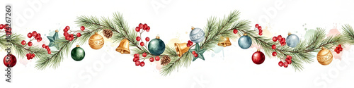Festive Holiday Garland with Colorful Ornaments and Pine Branches for Christmas Decorations. Christmas and New Year banner