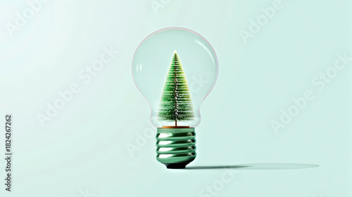 Creative Holiday Concept: Christmas Tree Inside Light Bulb on Minimalist Pastel Background.Christmas and New Year concept