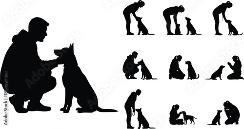 Vector black silhouette set showing people interacting with and training dogs in various obedience poses, illustrating pet care, human-animal bond, and dog ownership and relationship illustration