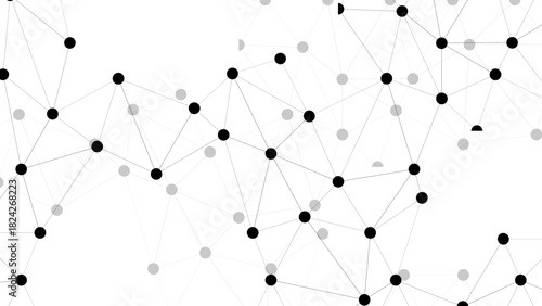 Abstract Minimalist White Background Connected Node Network with Black & Grey Dots. Geometric Tech Concept for Data Structure, Neural Mesh, Business Presentations, & Web Design.