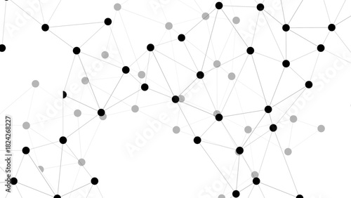 Abstract Minimalist White Background Connected Node Network with Black & Grey Dots. Geometric Tech Concept for Data Structure, Neural Mesh, Business Presentations, & Web Design.